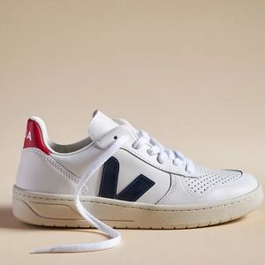 Veja White Leather Sneakers,With Navy Blue V and Red Leather